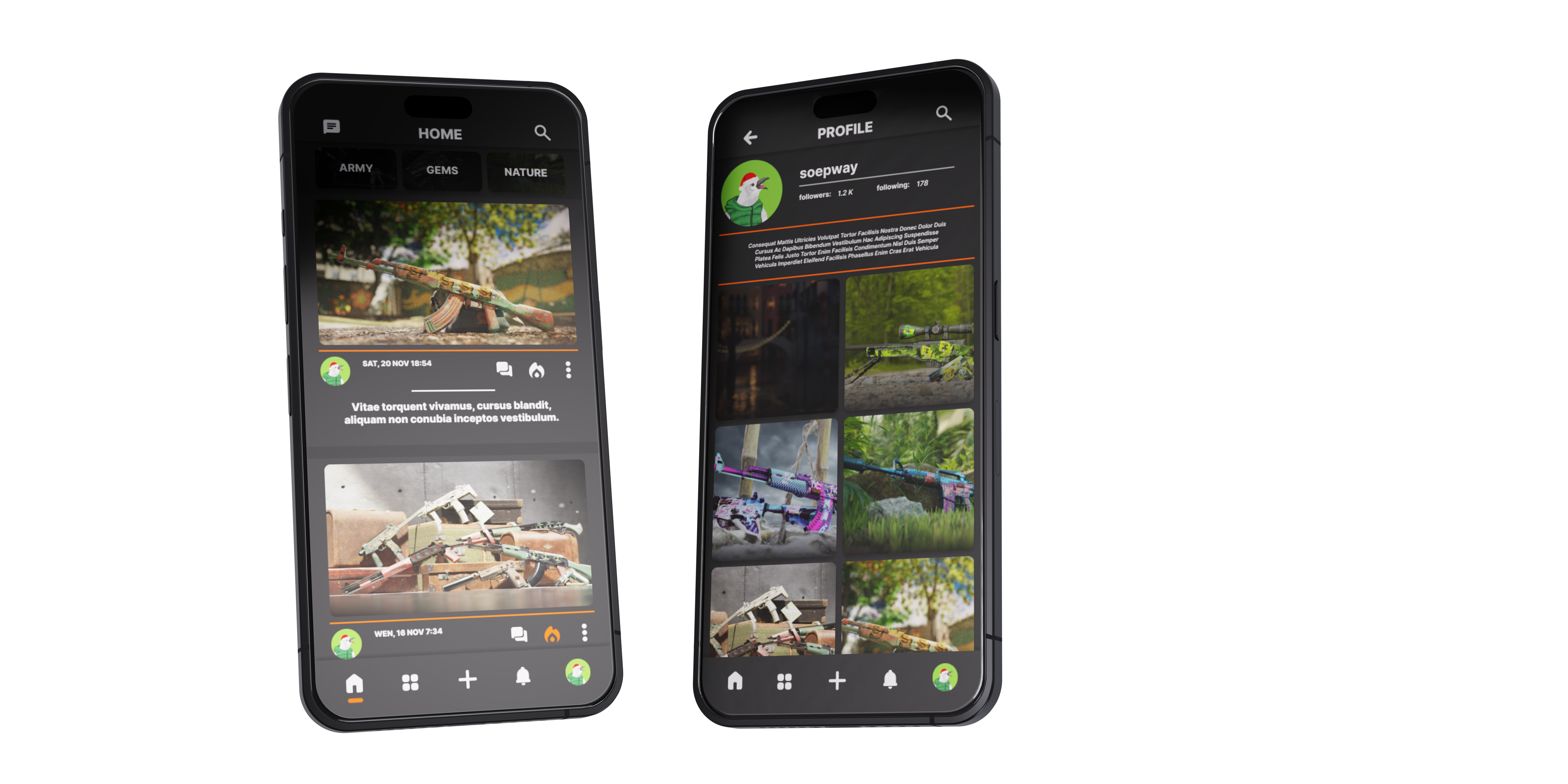 Render van twee telefoons met de UX‑schermen zichtbaar